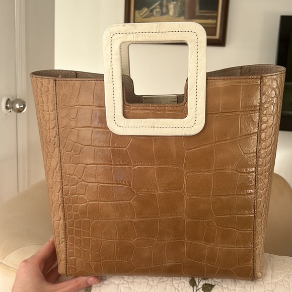 STAUD Shirley Tote Bag in Taupe & Cream Croc Embossed Leather - Picture 2 of 5